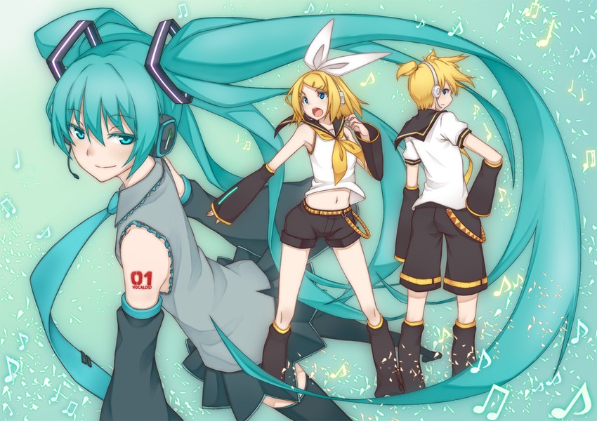 hatsune miku, kagamine rin, and kagamine len (vocaloid) drawn by tandenho