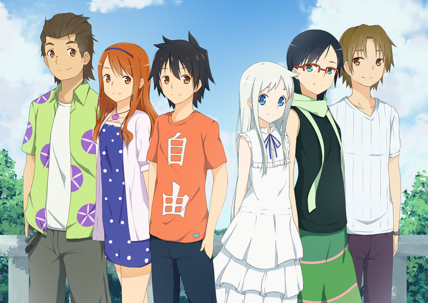 honma meiko, anjou naruko, tsurumi chiriko, yadomi jinta, matsuyuki atsumu, and 1 more (ano hi mita hana no namae wo bokutachi wa mada shiranai.) drawn by 53c_(ray_cordova)