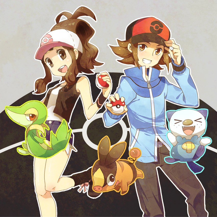 hilda, hilbert, oshawott, snivy, and tepig (pokemon and 1 more) drawn by yoyterra