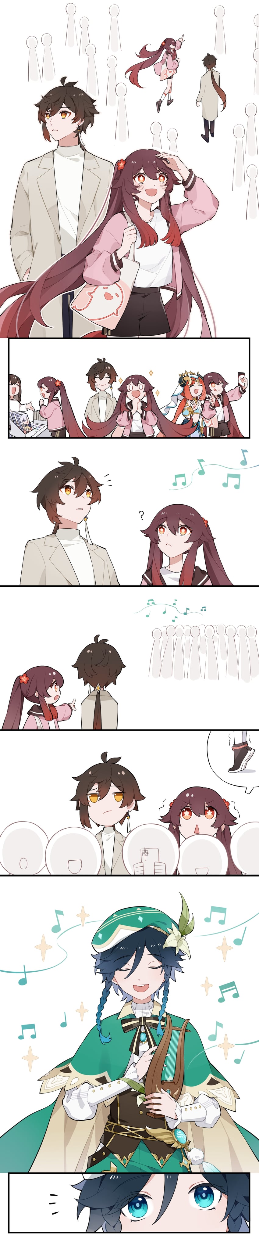 hu tao, zhongli, venti, boo tao, and nilou (genshin impact) drawn by qingxian66814