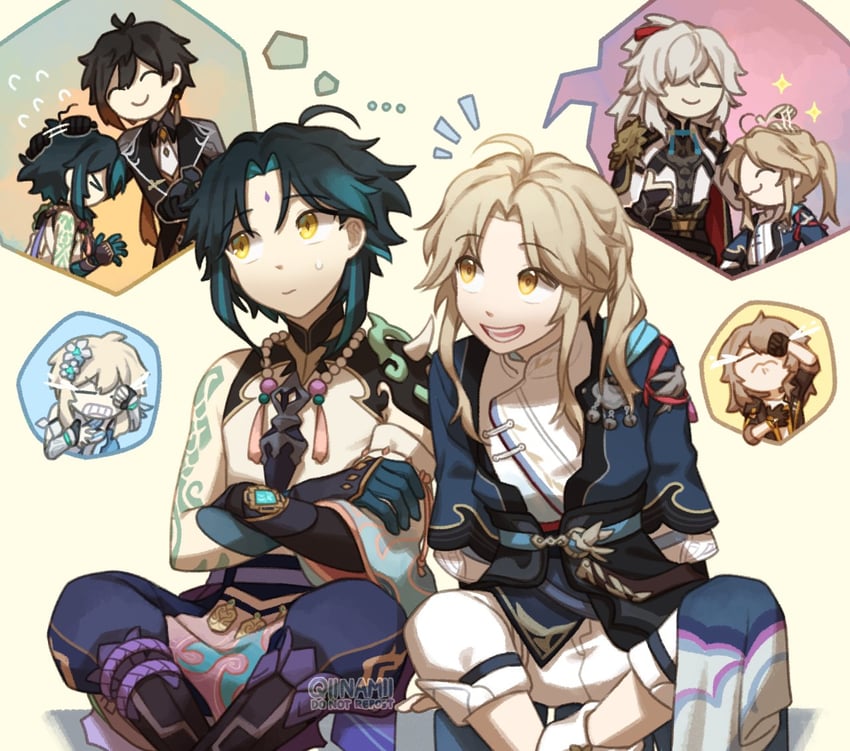 lumine, trailblazer, zhongli, stelle, xiao, and 2 more (genshin impact and 3 more) drawn by qiinamii
