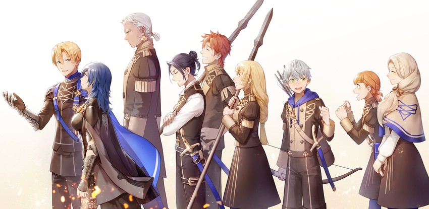 female byleth, dimitri alexandre blaiddyd, ingrid brandl galatea, sylvain jose gautier, mercedes von martritz, and 4 more (fire emblem and 1 more) drawn by ruru_(lulubuu)