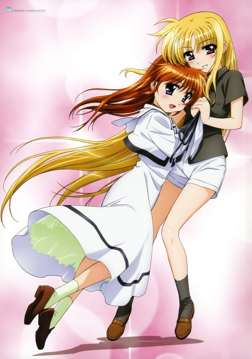 fate testarossa and takamachi nanoha (lyrical nanoha and 2 more) drawn by okuda_yasuhiro
