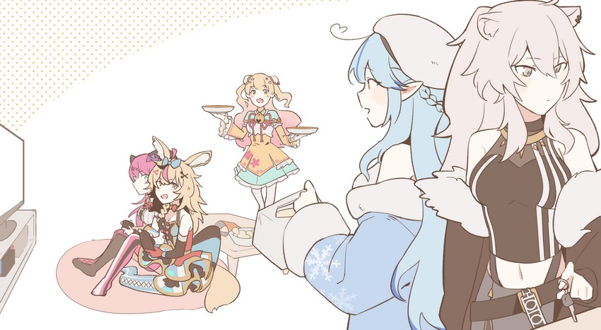 yukihana lamy, shishiro botan, omaru polka, momosuzu nene, and mano aloe (hololive) drawn by lelioz