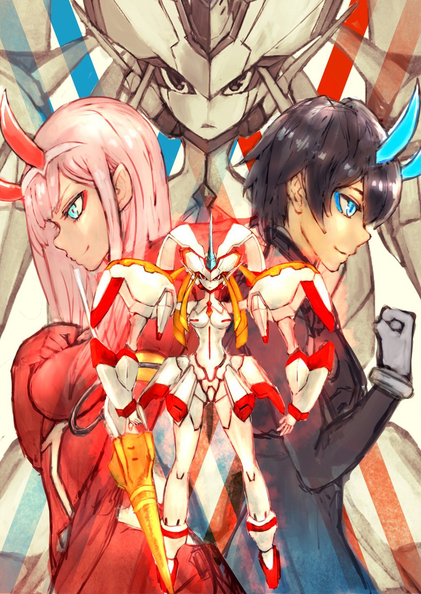 zero two, hiro, and strelizia (darling in the franxx) drawn by sabamiso_taro
