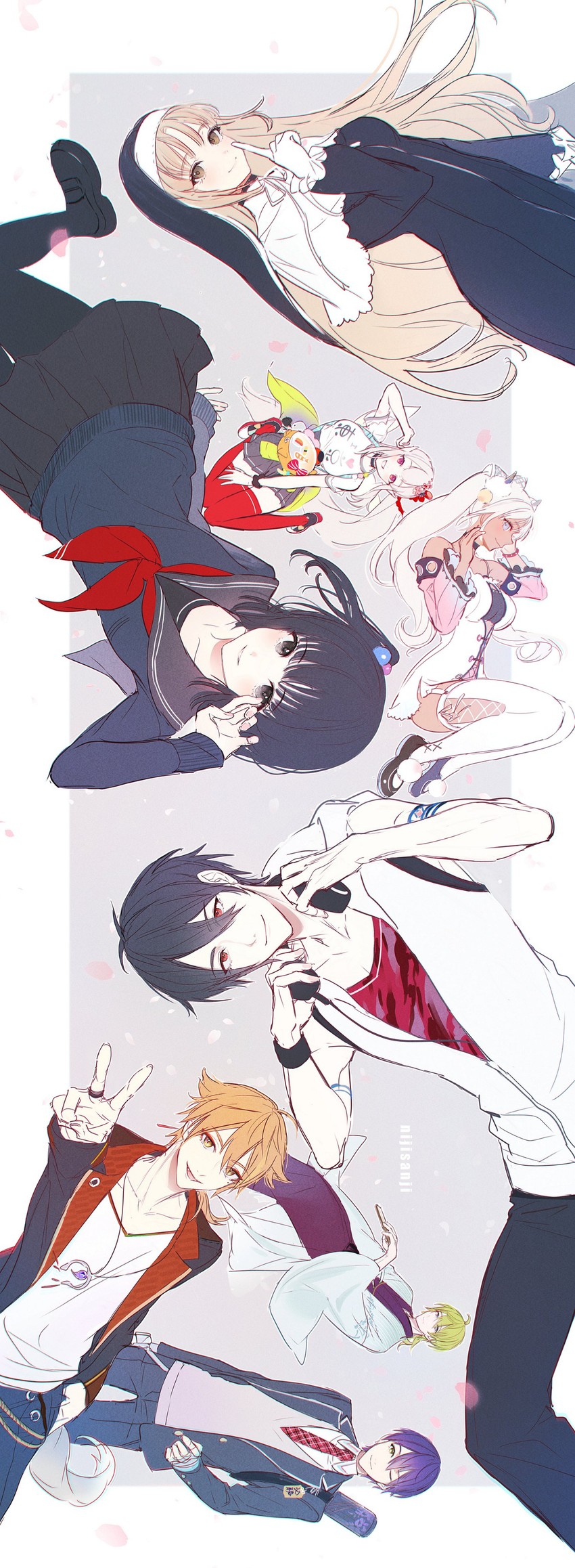 sister claire, kenmochi touya, fushimi gaku, yumeoi kakeru, amemori sayo, and 3 more (nijisanji) drawn by hoojiro
