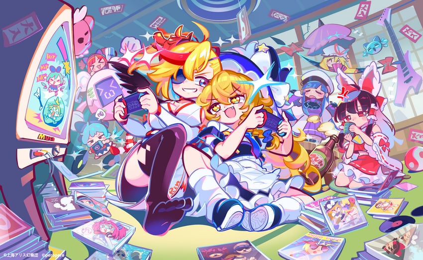 hakurei reimu, kirisame marisa, cirno, yakumo yukari, buro, and 3 more (touhou and 2 more) drawn by moyazou_(kitaguni_moyashi_seizoujo)