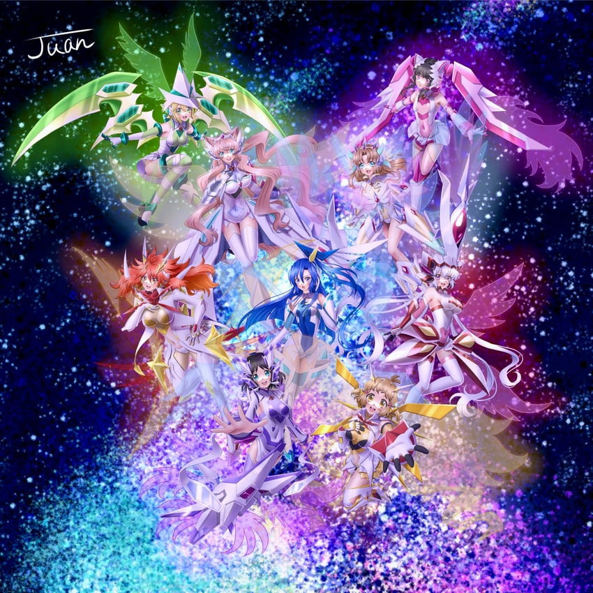 yukine chris, tachibana hibiki, akatsuki kirika, tsukuyomi shirabe, kazanari tsubasa, and 4 more (senki zesshou symphogear and 1 more) drawn by juan_o121