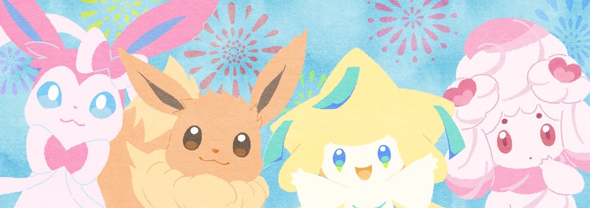 eevee, sylveon, jirachi, and alcremie (pokemon) drawn by punico_(punico_poke)
