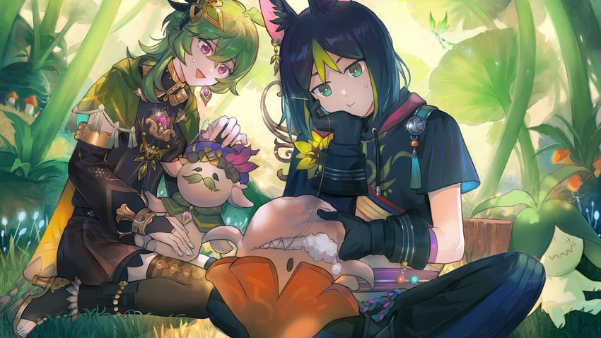 tighnari, aranara, collei, and crystalfly (genshin impact) drawn by laoyepo