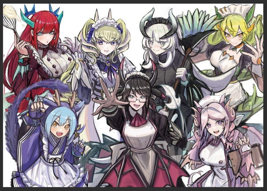 laundry dragonmaid, parlor dragonmaid, kitchen dragonmaid, chamber dragonmaid, house dragonmaid, and 2 more (yu-gi-oh!) drawn by shiina_aono