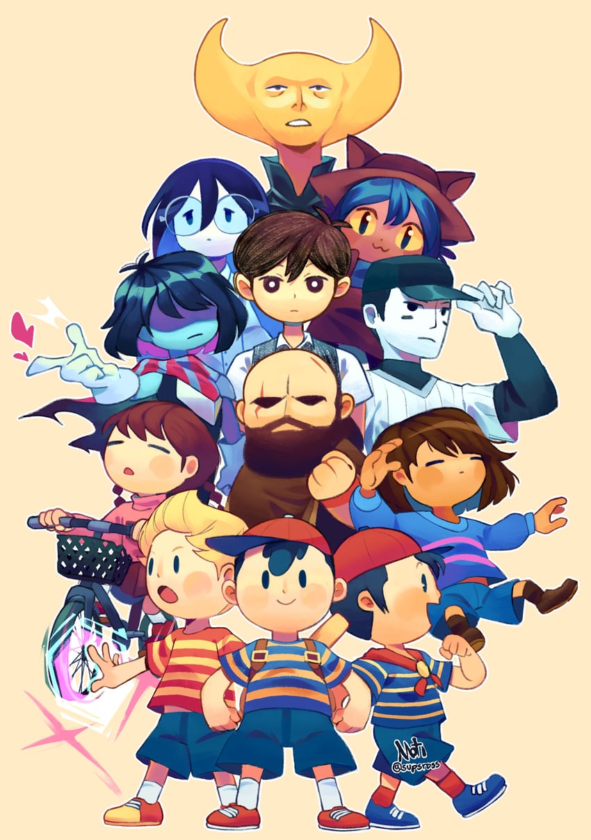 sunny, frisk, madotsuki, ness, lucas, and 7 more (omori and 13 more) drawn by supsross