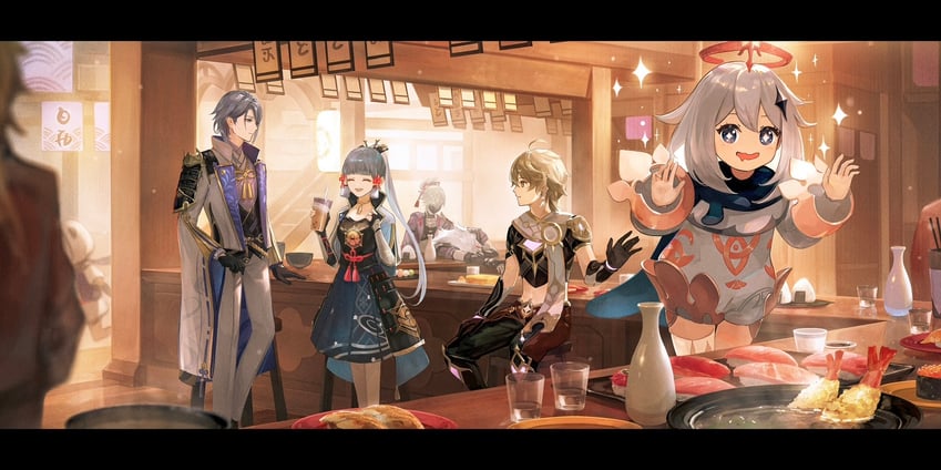 aether, paimon, kamisato ayaka, kamisato ayato, kuki shinobu, and 3 more (genshin impact) drawn by anna_(drw01)