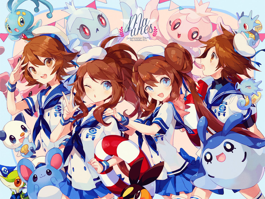 rosa, hilda, hilbert, oshawott, snivy, and 8 more (pokemon and 2 more) drawn by welchino