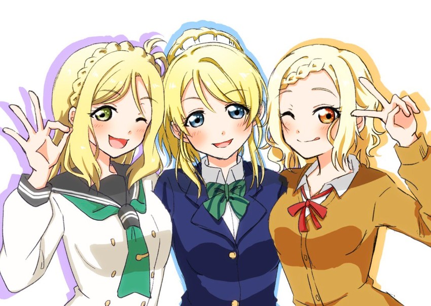 ayase eli, ohara mari, and miyashita ai (love live! and 5 more) drawn by codasaku