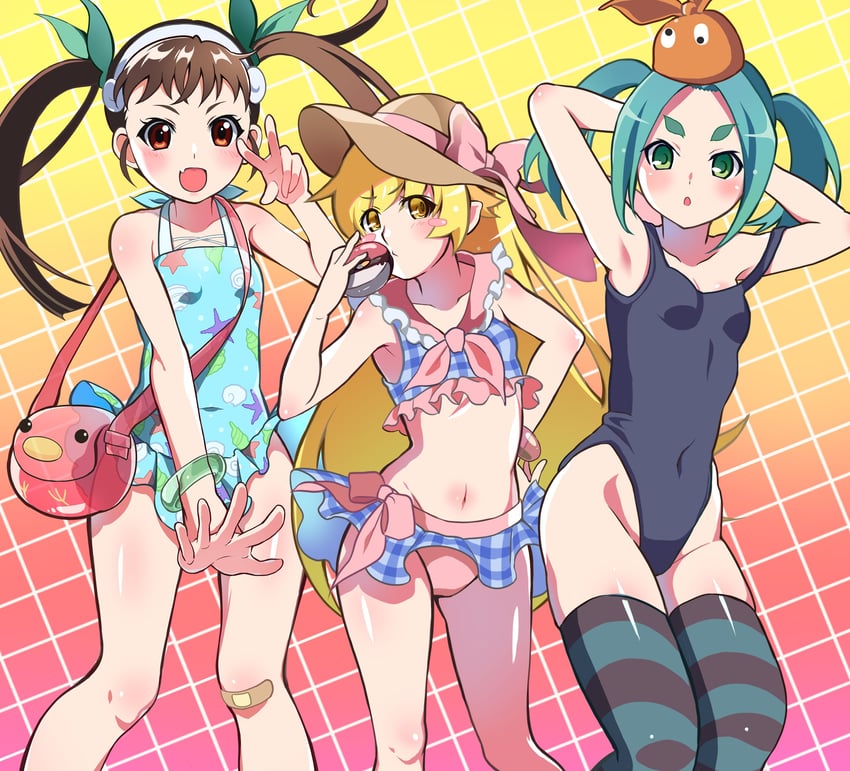 oshino shinobu, hachikuji mayoi, and ononoki yotsugi (monogatari) drawn by mashimaro_tabetai