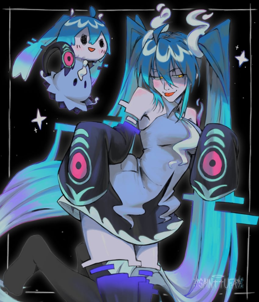 hatsune miku, mimikyu, and ghost miku (pokemon and 2 more) drawn by sainttufa