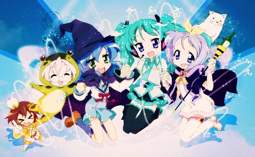hatsune miku, nagato yuki, hiiragi kagami, izumi konata, hiiragi tsukasa, and 3 more (vocaloid and 2 more)