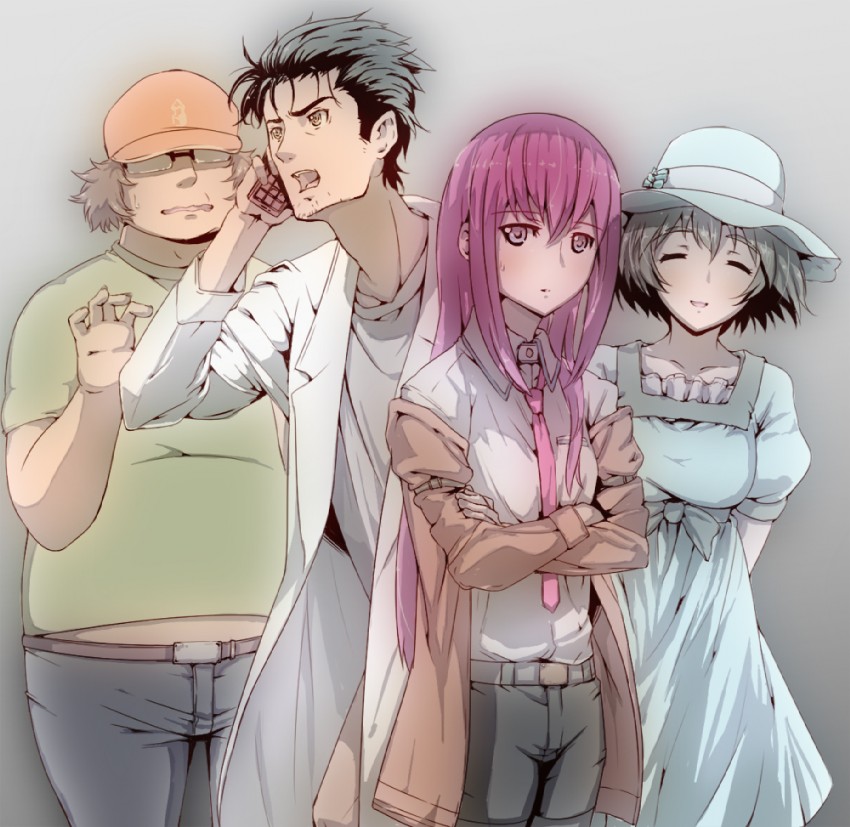 makise kurisu, okabe rintarou, shiina mayuri, and hashida itaru (steins;gate) drawn by girock