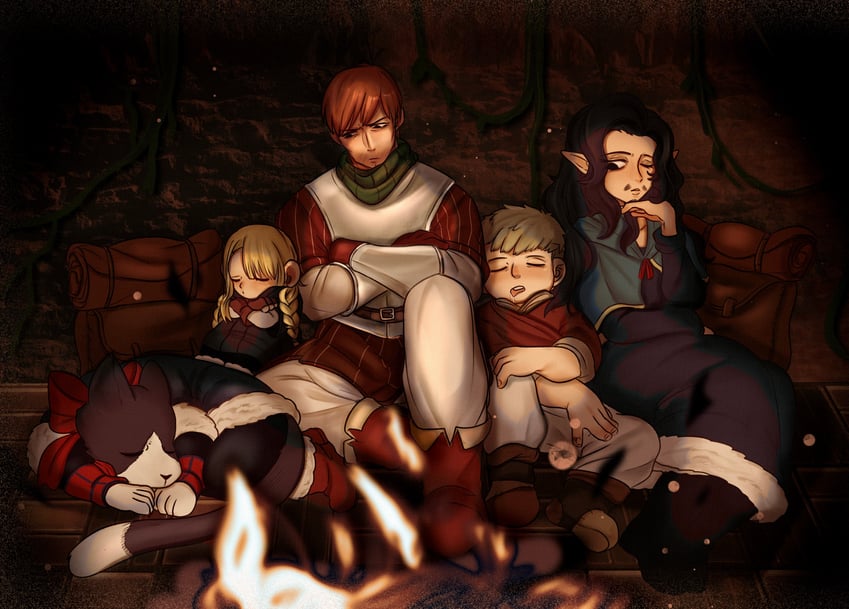 marcille donato, laios touden, senshi, chilchuck tims, and izutsumi (dungeon meshi) drawn by dj979