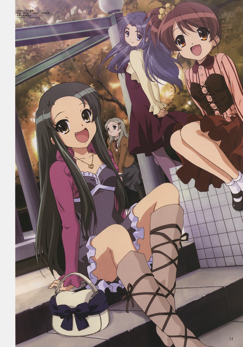 asakura ryoko, tsuruya, kyon's sister, and kimidori emiri (suzumiya haruhi no yuuutsu and 1 more) drawn by ikeda_shouko
