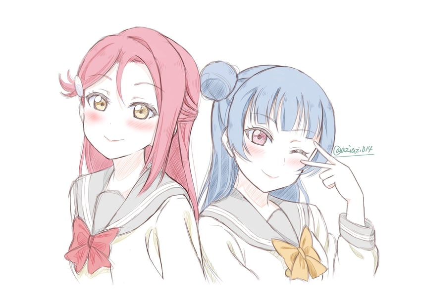 tsushima yoshiko and sakurauchi riko (love live! and 1 more) drawn by aziazi014