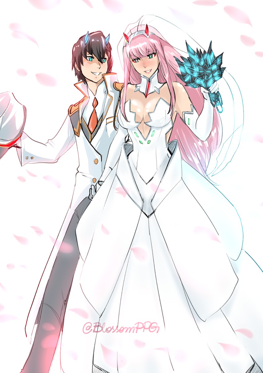 zero two and hiro (darling in the franxx) drawn by blossomppg