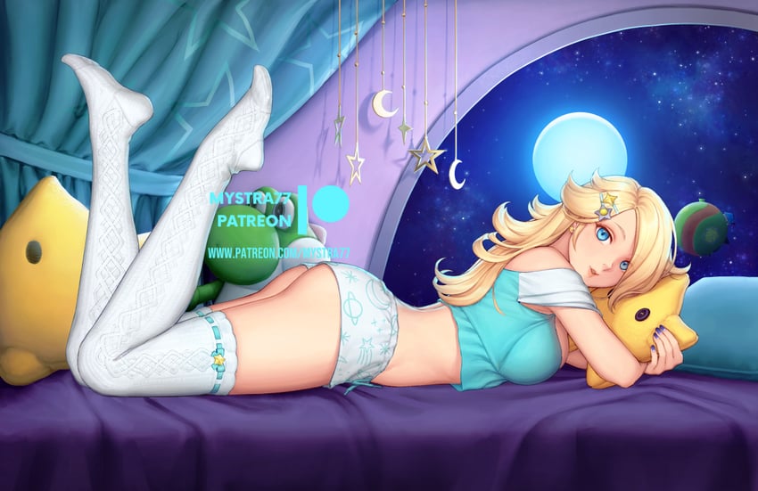 rosalina, luma, and yoshi (mario) drawn by mystra77
