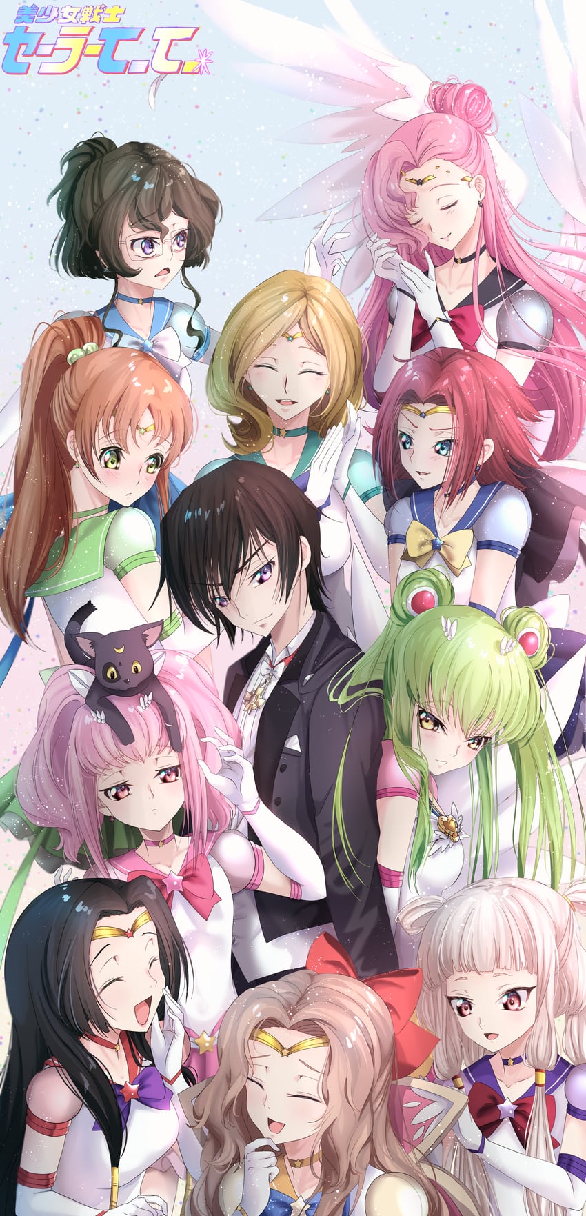 c.c., sailor moon, lelouch vi britannia, kouzuki kallen, sailor mercury, and 28 more (bishoujo senshi sailor moon and 2 more) drawn by budgiepon