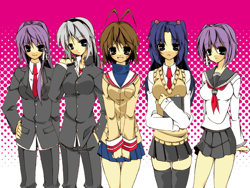 furukawa nagisa, fujibayashi kyou, sakagami tomoyo, ichinose kotomi, and fujibayashi ryou (clannad) drawn by nagatsuki_(nyagatsuki)