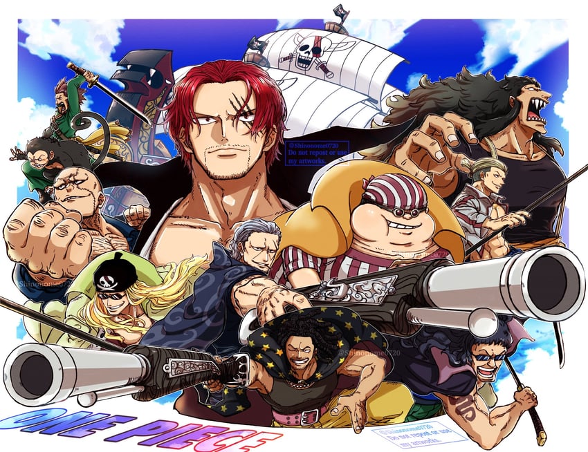 shanks, benn beckman, yasopp, lucky roux, limejuice, and 6 more (one piece) drawn by shinonome_(7566ani)