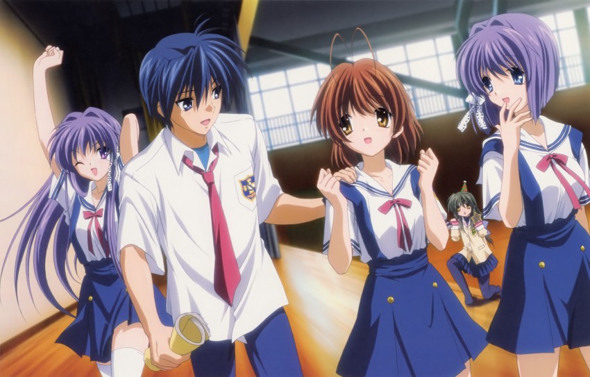 furukawa nagisa, fujibayashi kyou, ibuki fuuko, okazaki tomoya, and fujibayashi ryou (clannad) drawn by ikeda_kazumi