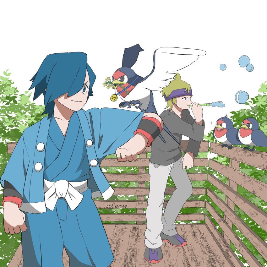 morty, falkner, and taillow (pokemon and 1 more) drawn by emiko2312