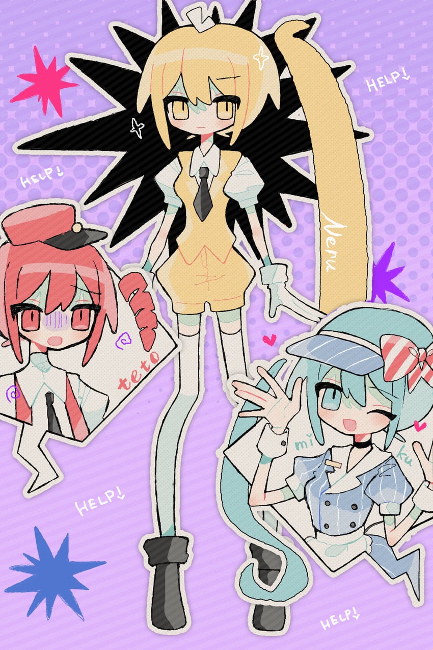 hatsune miku, kasane teto, and akita neru (vocaloid and 3 more) drawn by okashira_moppu