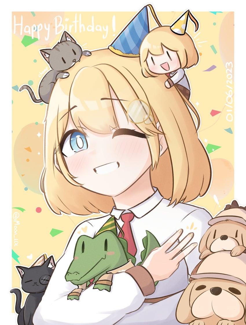 watson amelia, bubba, smol ame, investigator, wellington, and 2 more (hololive and 1 more) drawn by moon_ldl