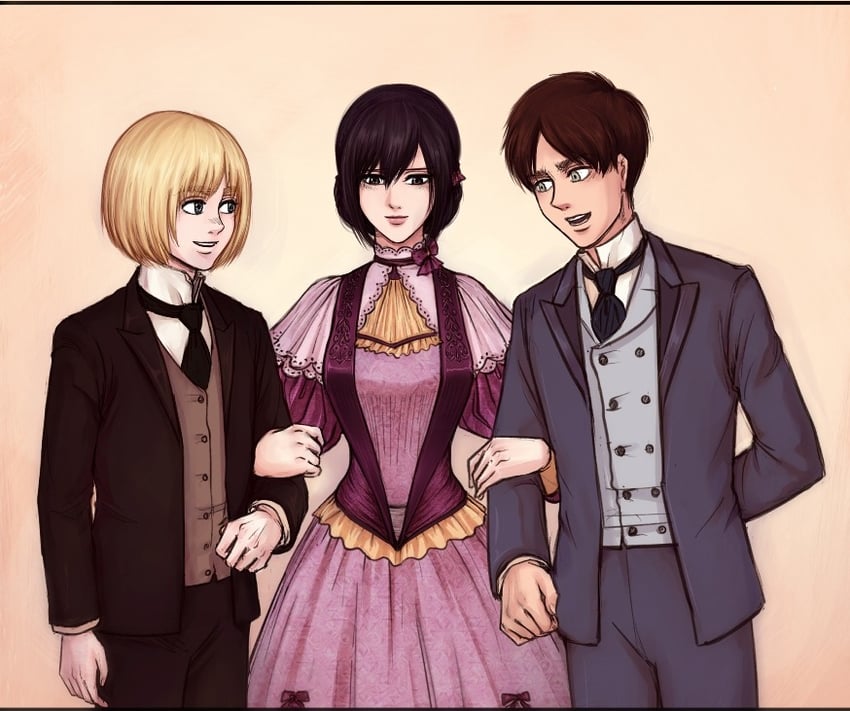 mikasa ackerman, eren yeager, and armin arlert (shingeki no kyojin) drawn by daydream24-7
