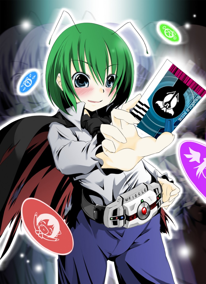 rumia, mystia lorelei, wriggle nightbug, and kamen rider decade (touhou and 2 more) drawn by aki_(akikaze_asparagus)