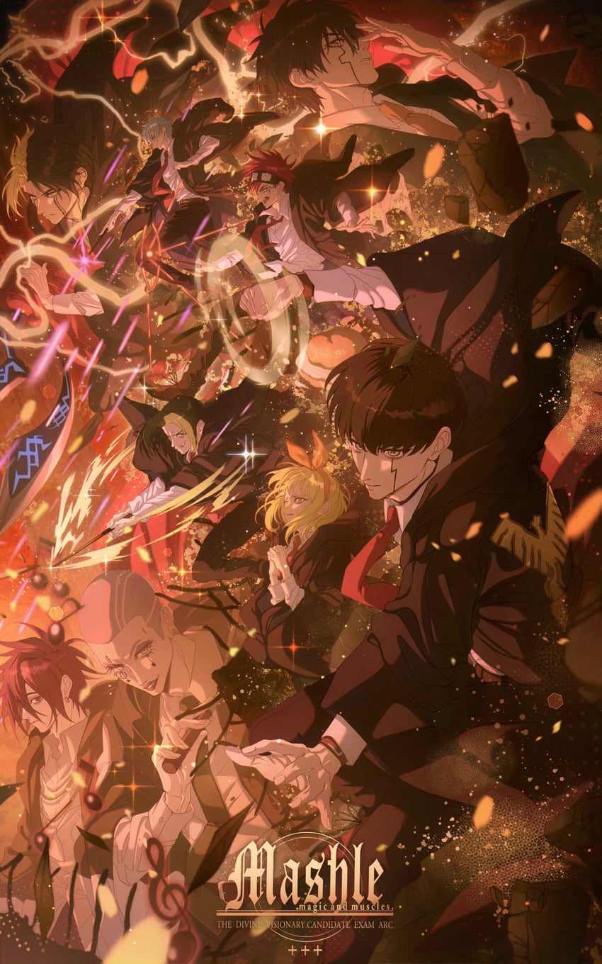 mash burnedead, finn ames, lance crown, rayne ames, lemon irvine, and 4 more (mashle) drawn by kagura_kurosaki