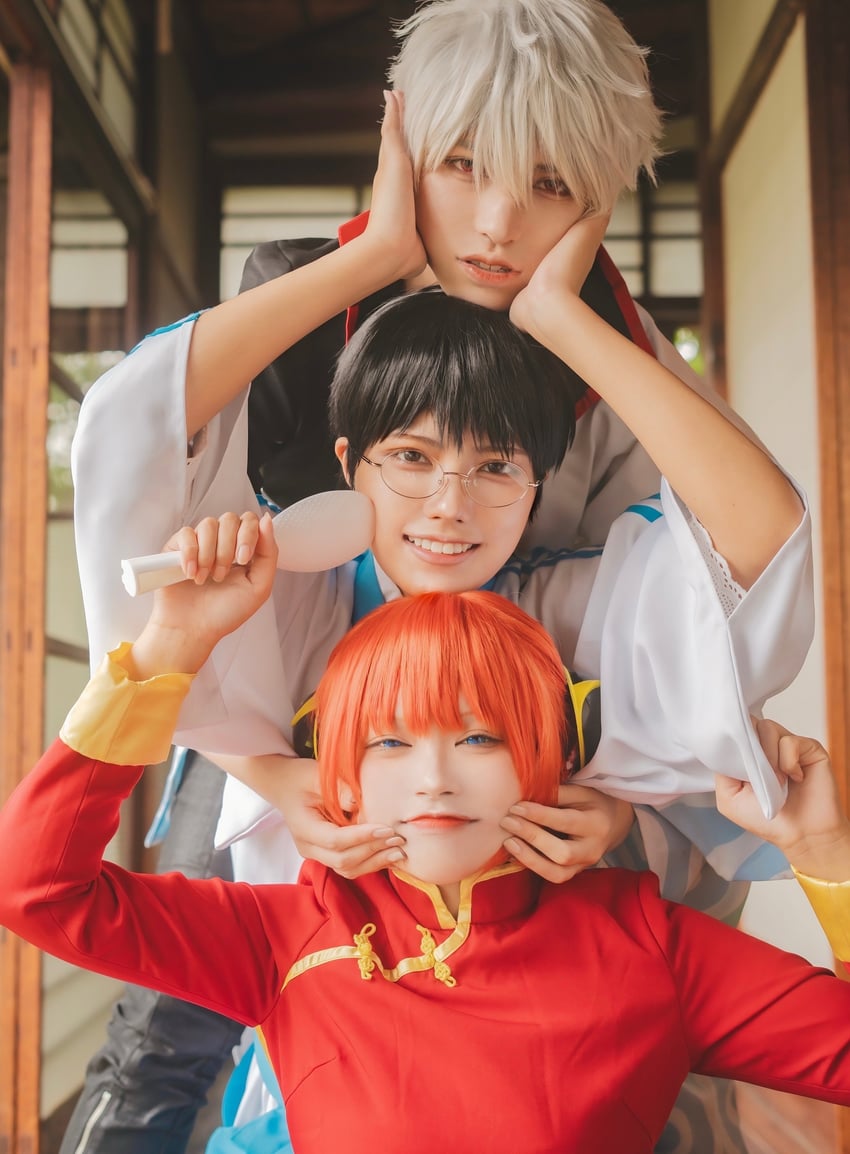 sakata gintoki, kagura, and shimura shinpachi (gintama) drawn by aburanaka_tane, emoemocos, and yusura_uni