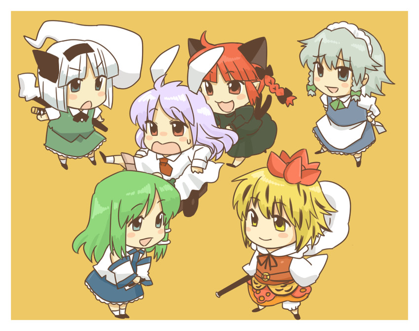 izayoi sakuya, kochiya sanae, konpaku youmu, reisen udongein inaba, kaenbyou rin, and 1 more (touhou) drawn by koyama_shigeru