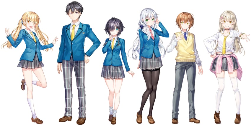 minato amane, kochou suzuka, suzuki kazuma, hiiragi ayasa, senou isami, and 1 more (s-kyuu gakuen no jishou "futsuu" kawaisugiru kanojotachi ni guigui korarete barebare desu.) drawn by fujima_takuya