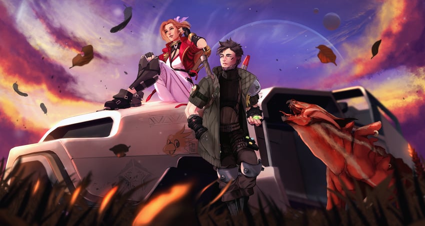 cloud strife, aerith gainsborough, crypto, horizon, flower girl horizon, and 1 more (final fantasy and 4 more) drawn by ifragmentix