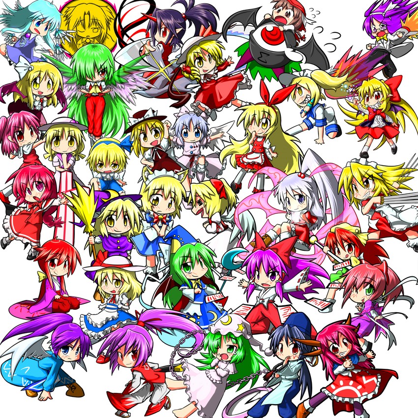hakurei reimu, kirisame marisa, alice margatroid, kazami yuuka, shinki, and 27 more (touhou) drawn by r-18_jii