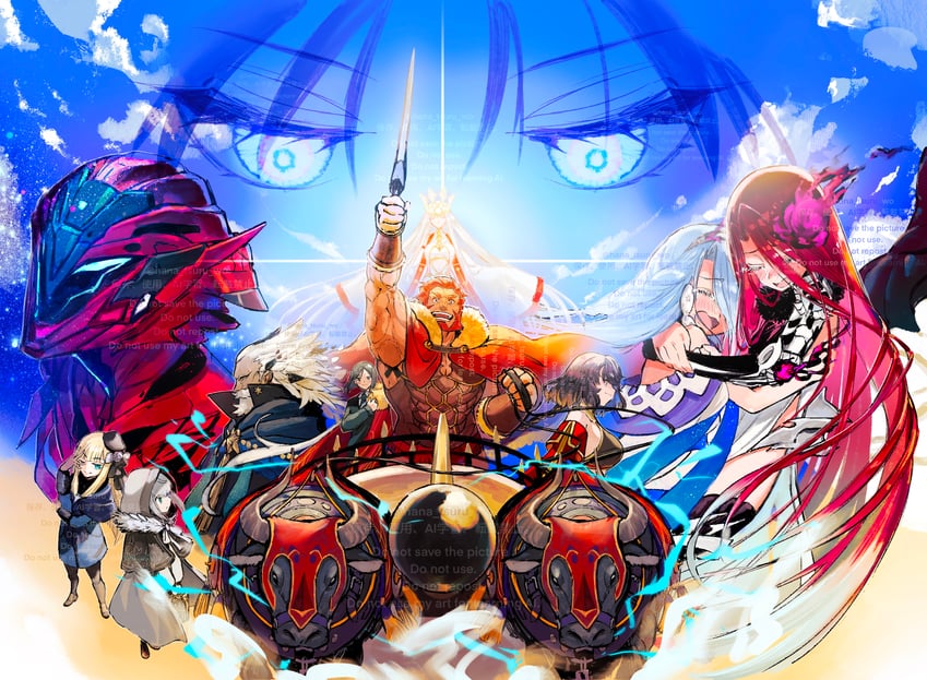 iskandar, ryougi shiki, irisviel von einzbern, reines el-melloi archisorte, gray, and 4 more (fate and 1 more) drawn by sugomori_tsuru_(hana_tsuru_wo)