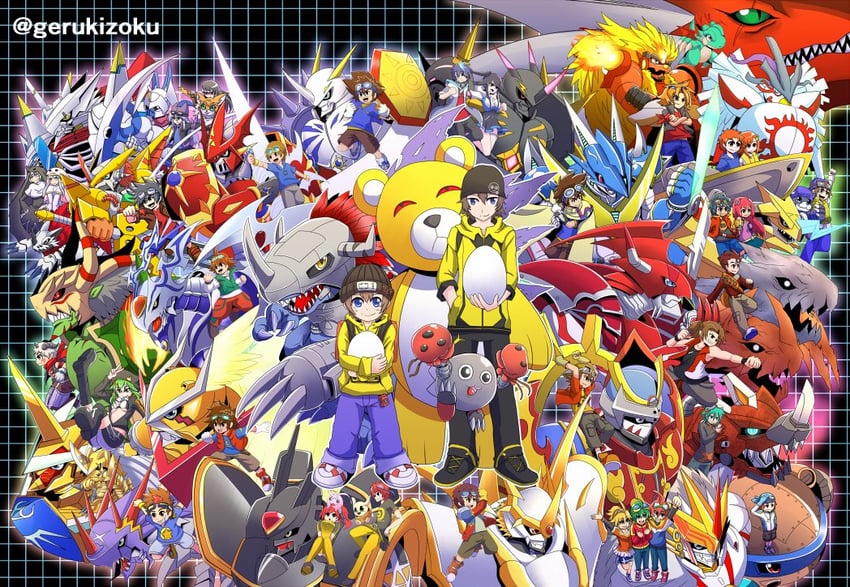 yagami taichi, omegamon, dukemon, motomiya daisuke, alphamon, and 66 more (digimon and 20 more) drawn by gerukizoku