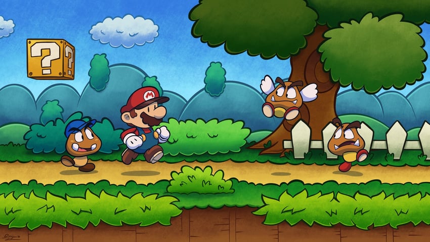 mario, goomba, paper mario, goombario, and paragoomba (mario and 2 more) drawn by vinny_(dingitydingus)
