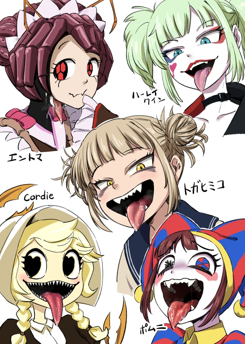 toga himiko, pomni, harley quinn, entoma vasilissa zeta, and cordie (boku no hero academia and 5 more) drawn by 4shi