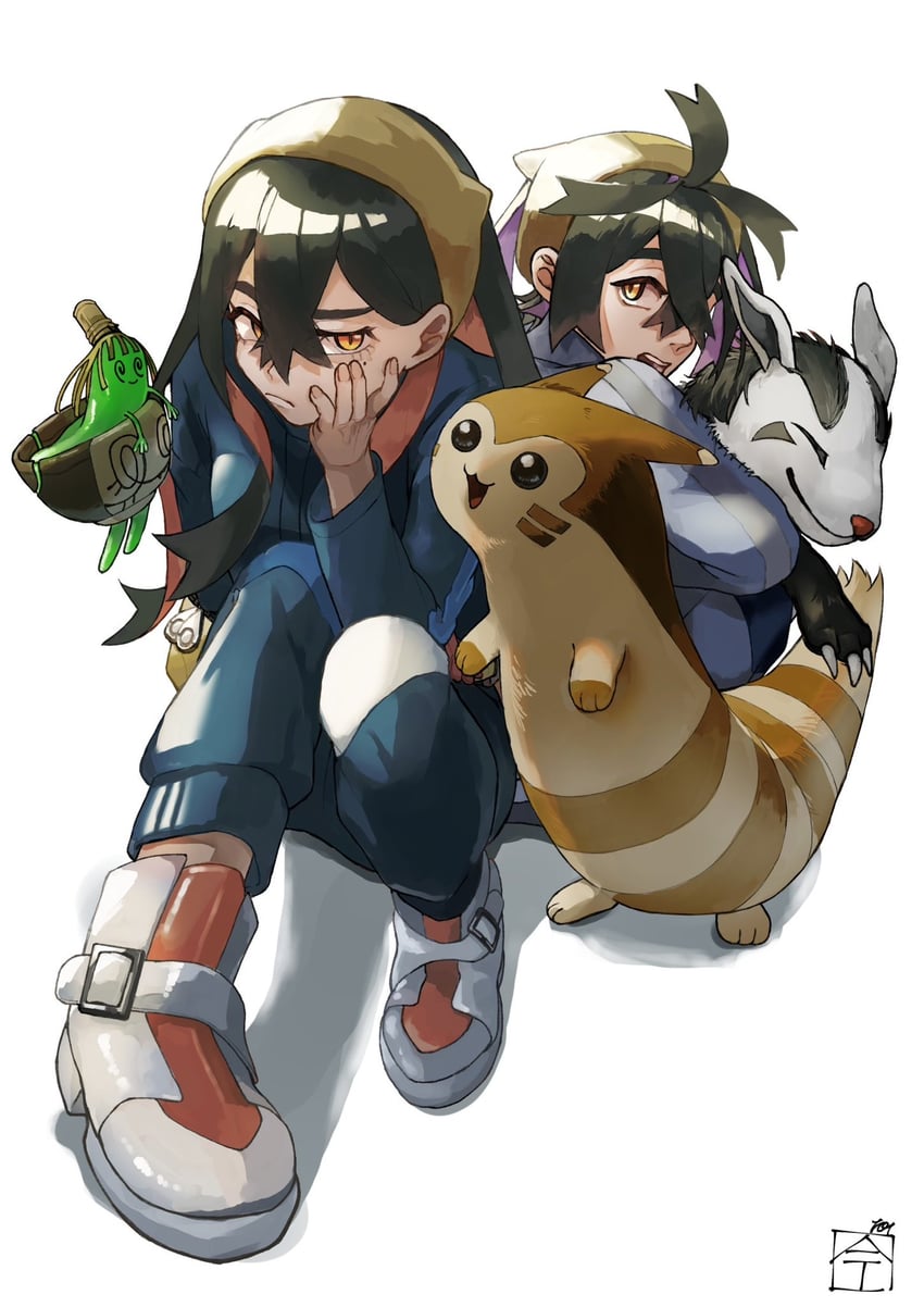 kieran, carmine, furret, mightyena, and sinistcha (pokemon and 1 more) drawn by 101_(imai)