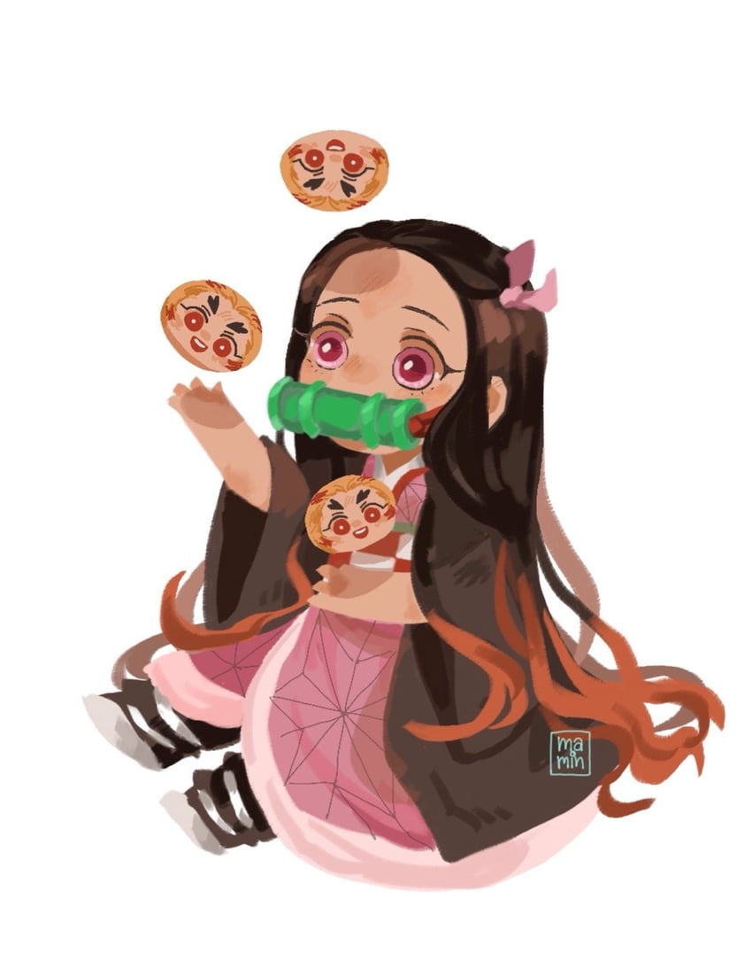 kamado nezuko and rengoku kyoujurou (kimetsu no yaiba) drawn by mamin_the_troll