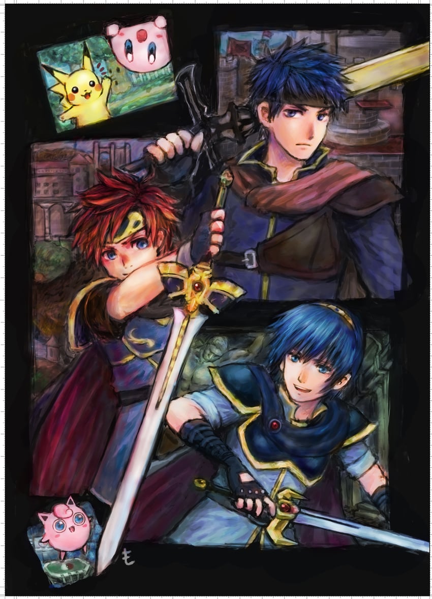 pikachu, kirby, ike, jigglypuff, marth, and 2 more (pokemon and 6 more) drawn by moo103